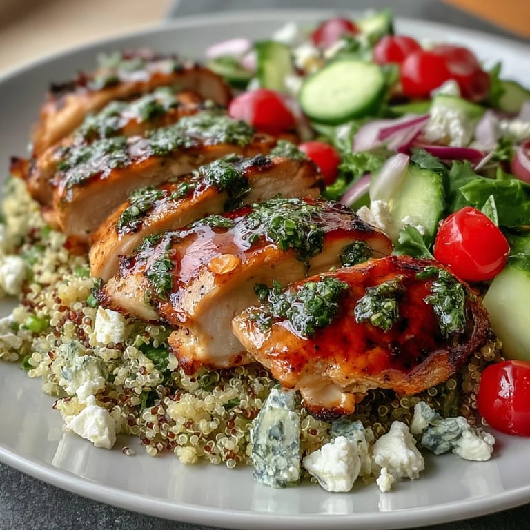 Close-up of Lemon Herb Grilled Chicken Salad with Quinoa topped with crumbled feta, showing vibrant red bell peppers and fresh herbs.