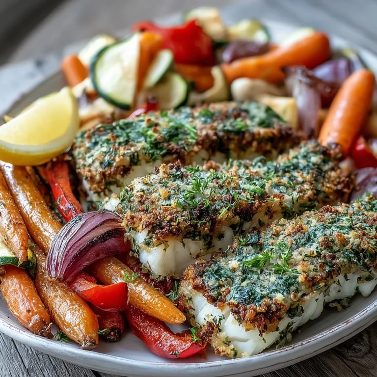 Freshly baked cod with a parsley and dill crust sits beside caramelized roasted carrots, bell peppers, and zucchini on a baking sheet.