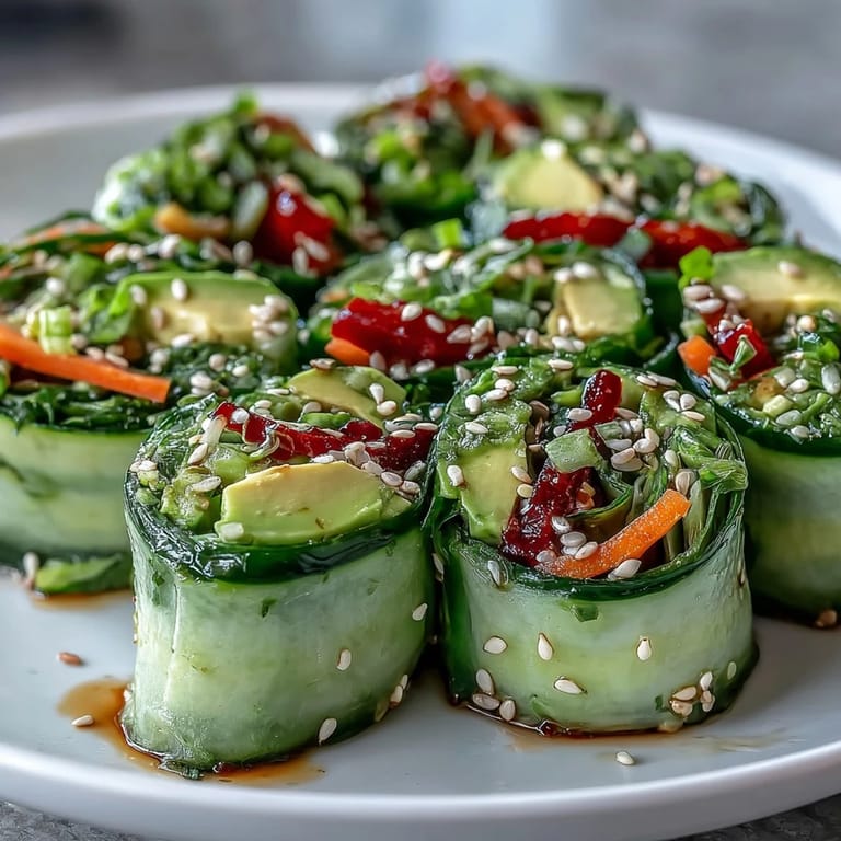 A close-up of Light Cucumber Avocado Rolls with Sesame showing creamy avocado, crisp cucumber ribbons, and a sprinkle of sesame seeds.