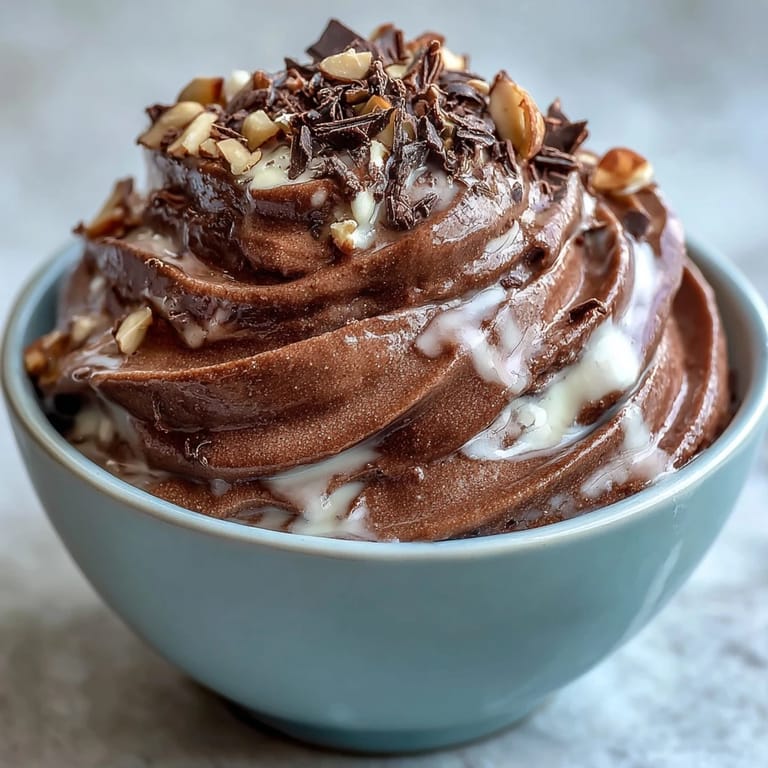 A scoop of rich Vegan Chocolate Banana Nice Cream with cocoa powder and almond butter swirled over crunchy toasted almonds.
