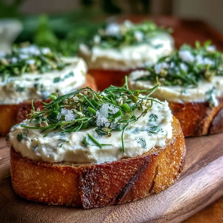 Assorted baguette slices spread with herbed cream cheese, garnished with dill and parsley, arranged for a party appetizer spread.