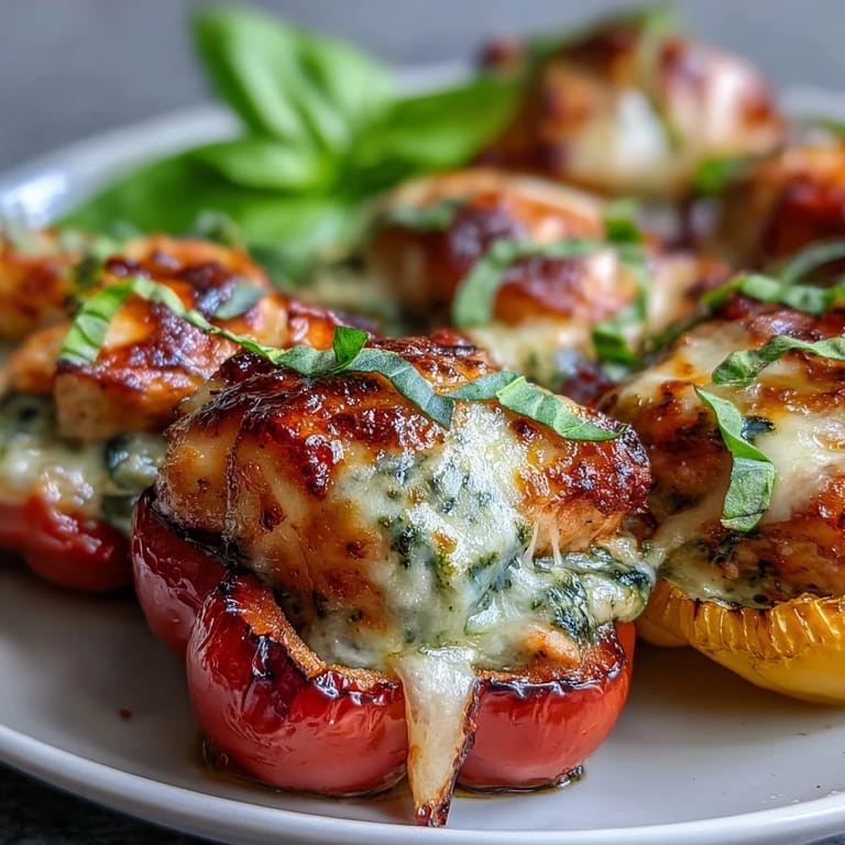 Baked pesto chicken stuffed sweet peppers topped with Parmesan, a flavorful gluten-free snack or light meal.