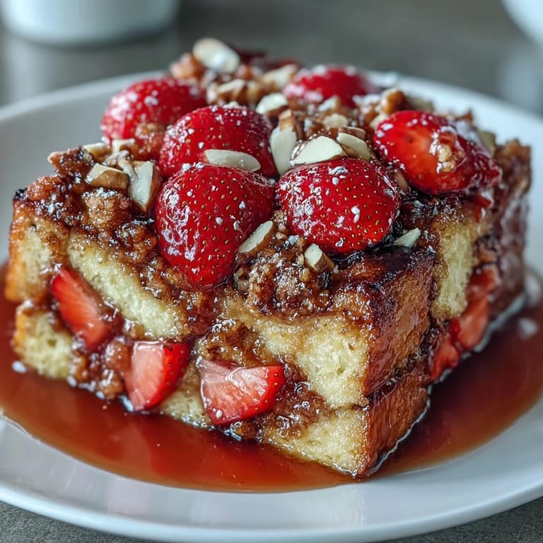 Make-ahead strawberry French toast casserole with creamy custard-soaked bread, crunchy cinnamon topping, and fresh berry garnish.