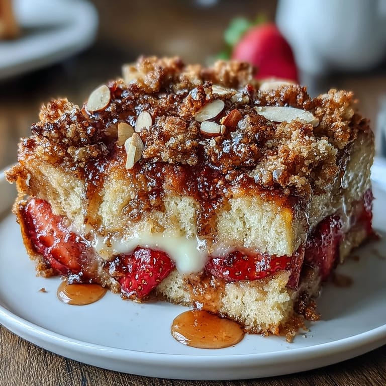 Warm strawberry French toast casserole baked to golden perfection, topped with powdered sugar and served with maple syrup.