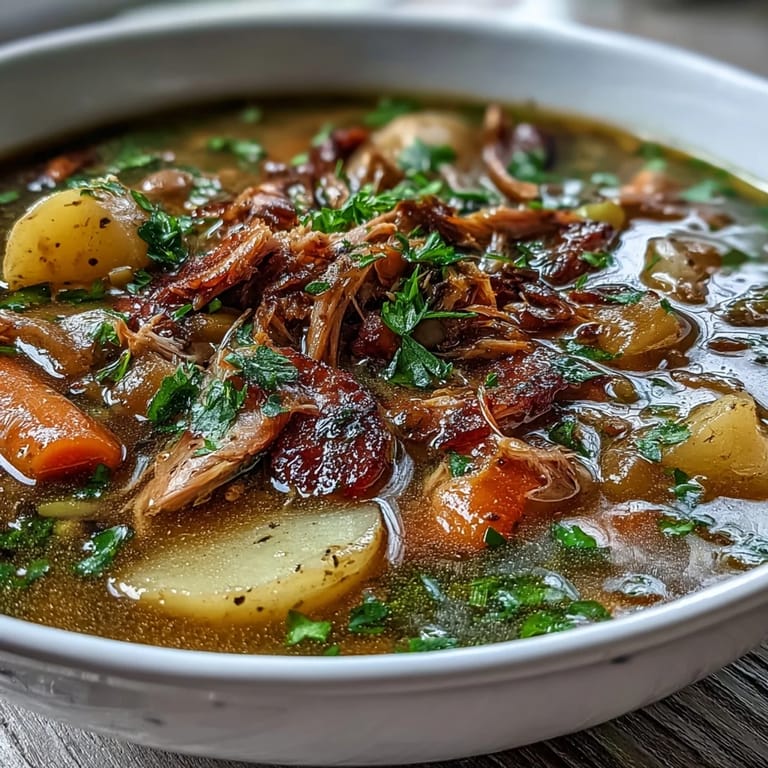 Rich, hearty ham bone and lentil soup loaded with diced carrots, parsnips, and potatoes in a savory broth.  