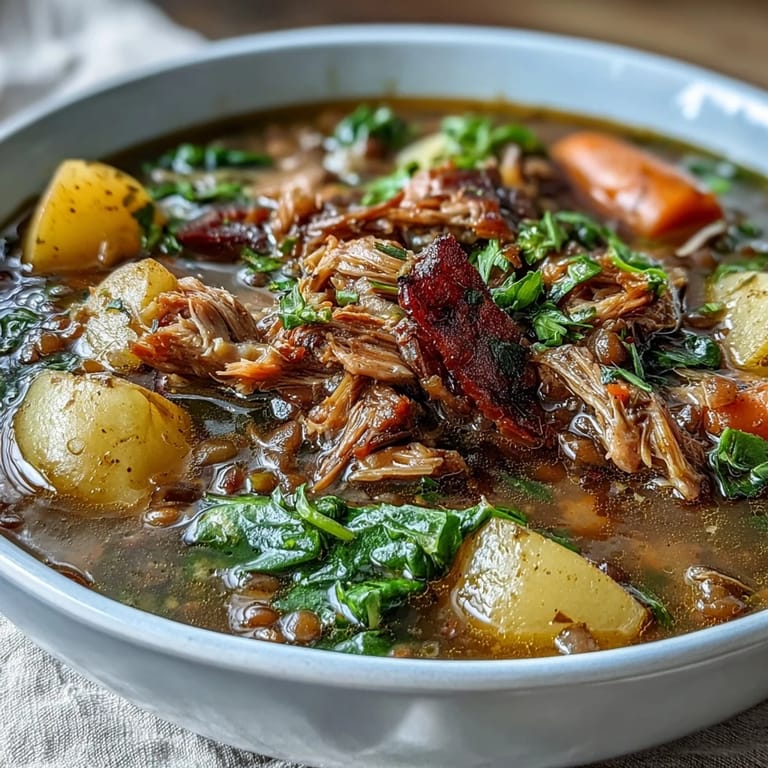 Comforting ham bone and lentil soup with earthy lentils, sautéed vegetables, and a sprinkle of fresh herbs.