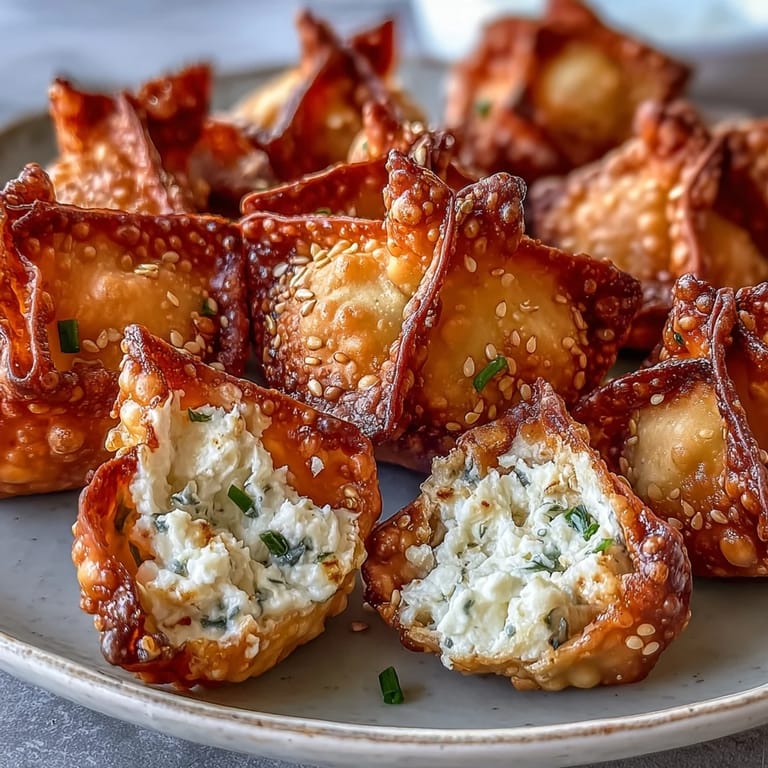 Air-fried Asian-style wontons bursting with savory cream cheese and spring onion, perfect for parties or snacking.  