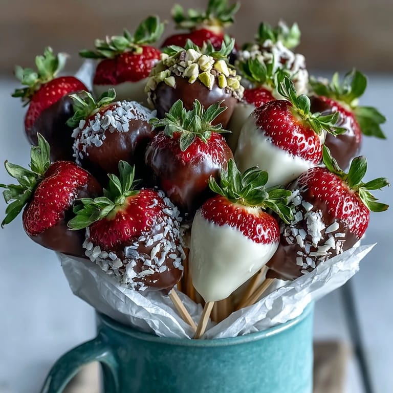 Stunning chocolate-dipped strawberry bouquet with varied toppings, perfect for Valentine's Day celebrations or romantic centerpieces.