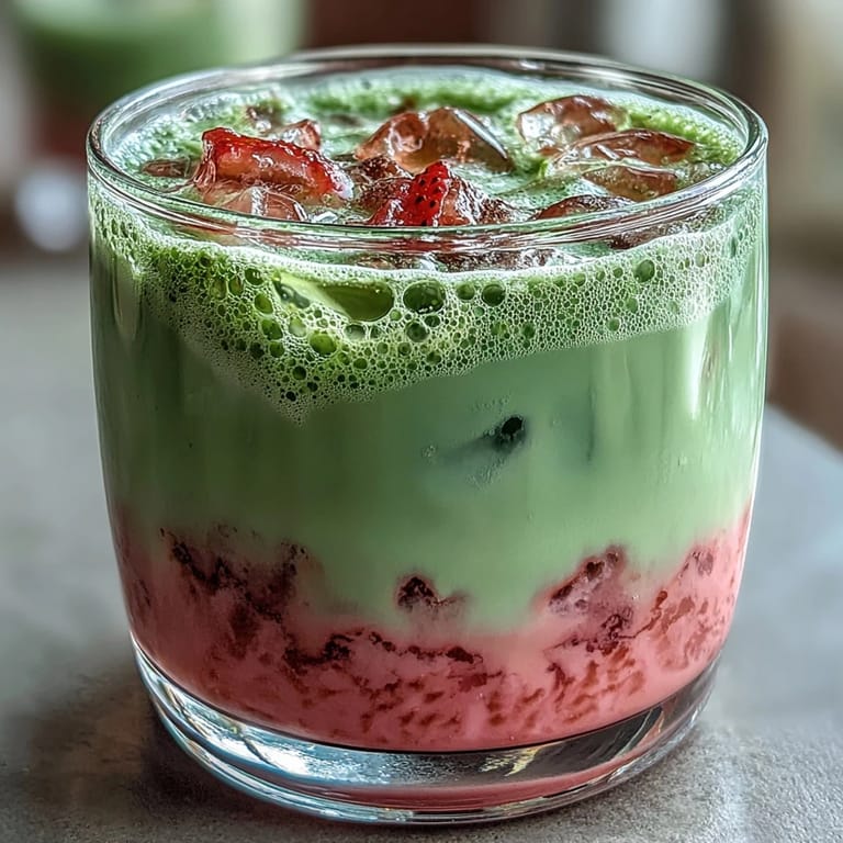Creamy strawberry matcha latte served over ice, featuring a stunning layered presentation with fresh strawberry puree.