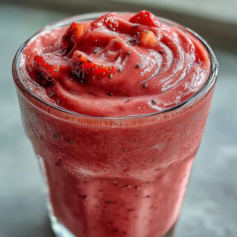 Creamy and refreshing strawberry banana protein smoothie with chia seeds, blended to perfection for a nutrient-packed morning drink.