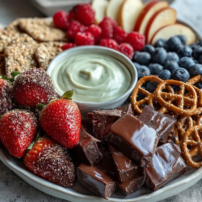 A festive Galentines snack board with leftover strawberries, served alongside a honey-lemon yogurt dip and a variety of sweet and savory dippers.