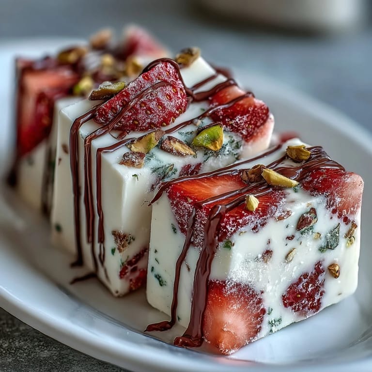 Chilled strawberry yogurt bark with vibrant red fruit, smooth yogurt base, and scattered pistachios for a festive Valentine treat.
