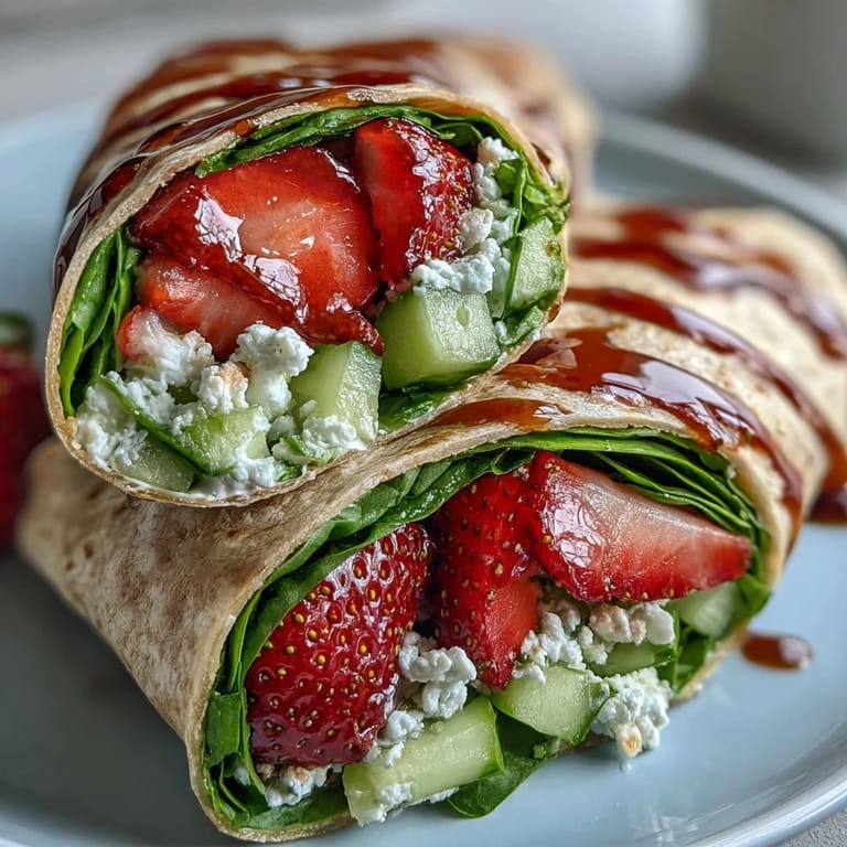 Vibrant whole wheat wraps filled with fresh strawberries, baby spinach, and tangy balsamic glaze.  