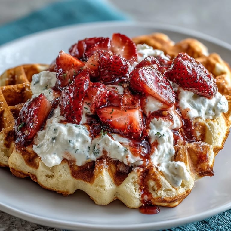Fluffy heart-shaped waffles served with a light cottage cheese whip and juicy macerated strawberries, ideal for a protein-packed morning treat.