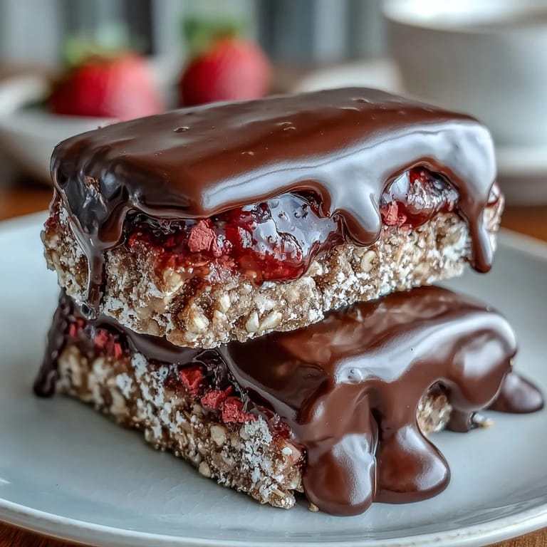No-bake strawberry oat bars topped with melted chocolate and freeze-dried strawberry crumbles for a fruity, indulgent treat.  