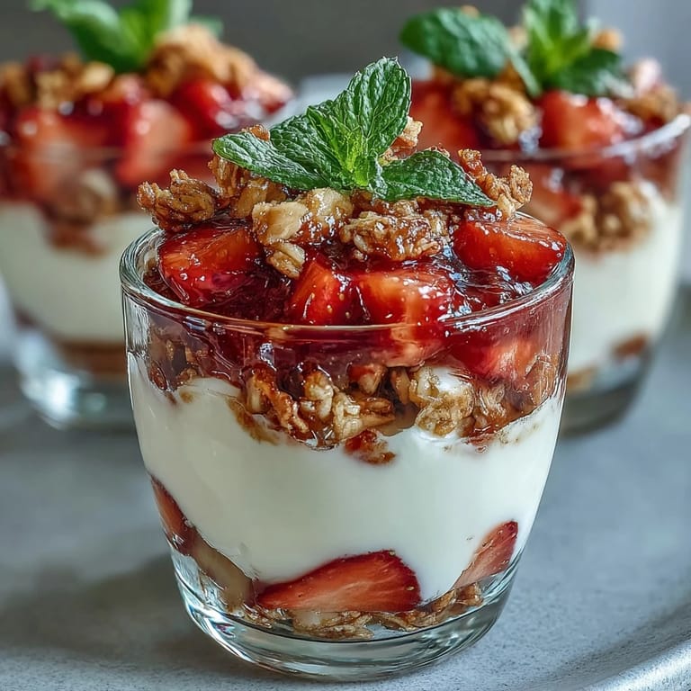Elegant mini parfaits featuring Greek yogurt, diced strawberries, and crunchy granola in shot glasses.