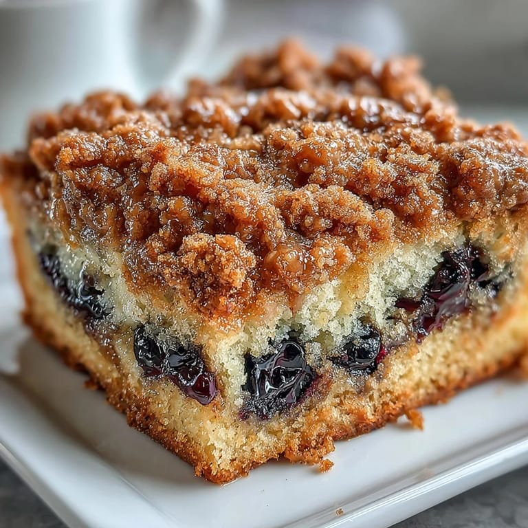 Fluffy lemon blueberry sourdough coffee cake squares topped with cinnamon streusel, perfect for a cozy breakfast.