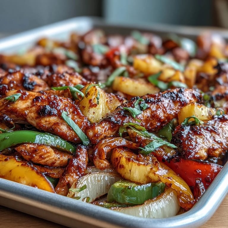 Easy Chicken Pineapple Sheet Pan Fajitas with Bell Peppers - one-pan dinner featuring spiced chicken, sweet pineapple, and tender bell peppers for quick cleanup.