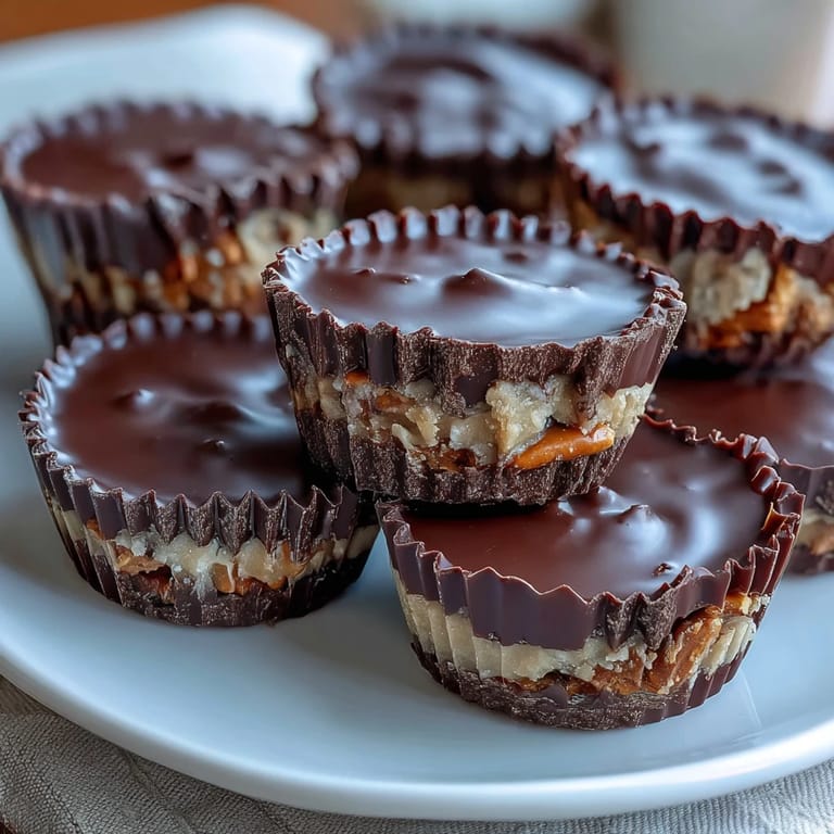 Decadent peanut butter cups layered over crunchy pretzels and enrobed in silky melted chocolate.