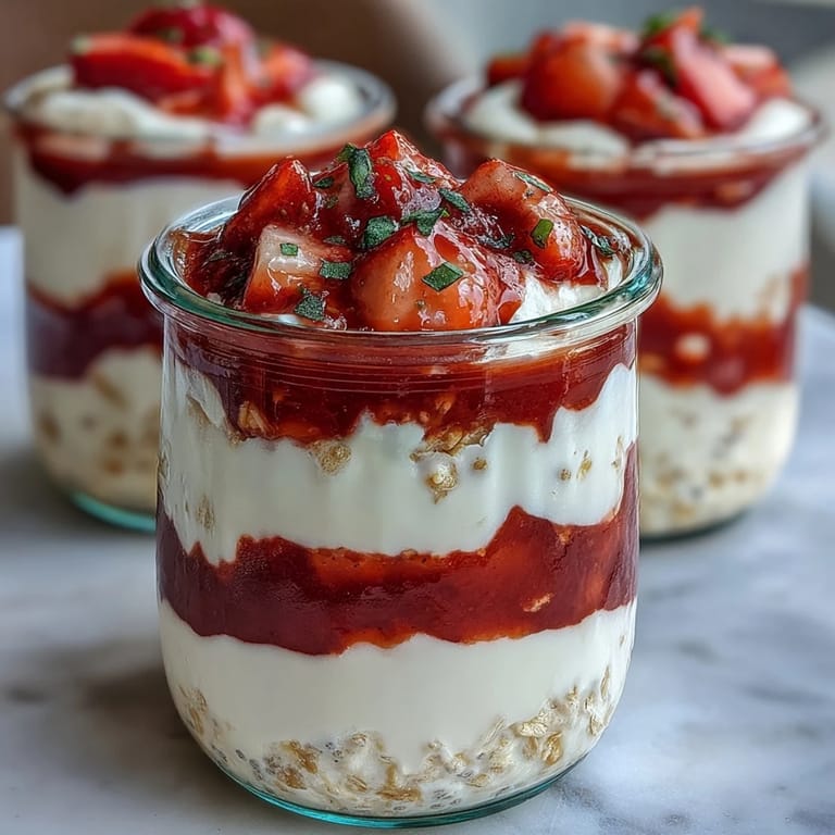 Creamy overnight oats layered with homemade strawberry swirl, offering a light and airy texture in every spoonful.