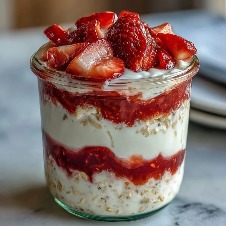 Strawberry-infused yogurt oats served in a jar, swirled with bright fruit sauce and crunchy nuts for added texture.
