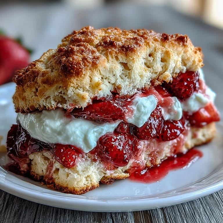 Golden baked scones topped with sliced strawberries and a dollop of vanilla yogurt, served as an easy summer treat.