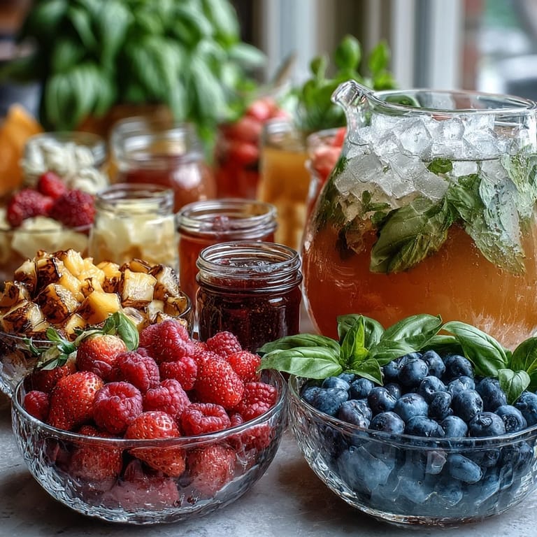 Colorful lemonade bar setup featuring classic lemonade, fresh berries, citrus slices, and herbs for a fun summer drink station.  