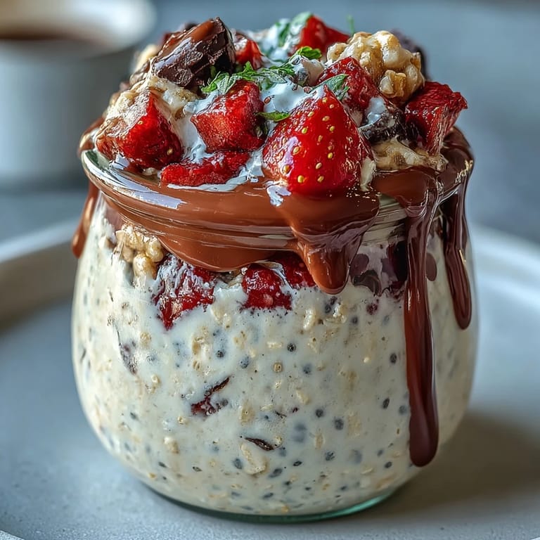 Layered strawberry chocolate chunk overnight oats dessert jar topped with halved strawberries and chocolate shavings.