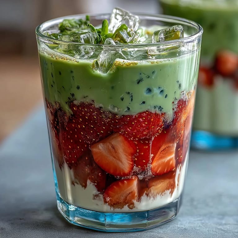 Refreshing layers of strawberry puree, earthy matcha, and luscious vanilla sweet cream create a beautiful iced summer drink.