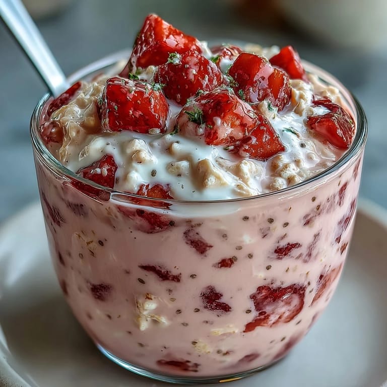 Chilled strawberry lemonade overnight oats with tangy lemon zest and poppy seeds, a quick and healthy vegetarian breakfast.