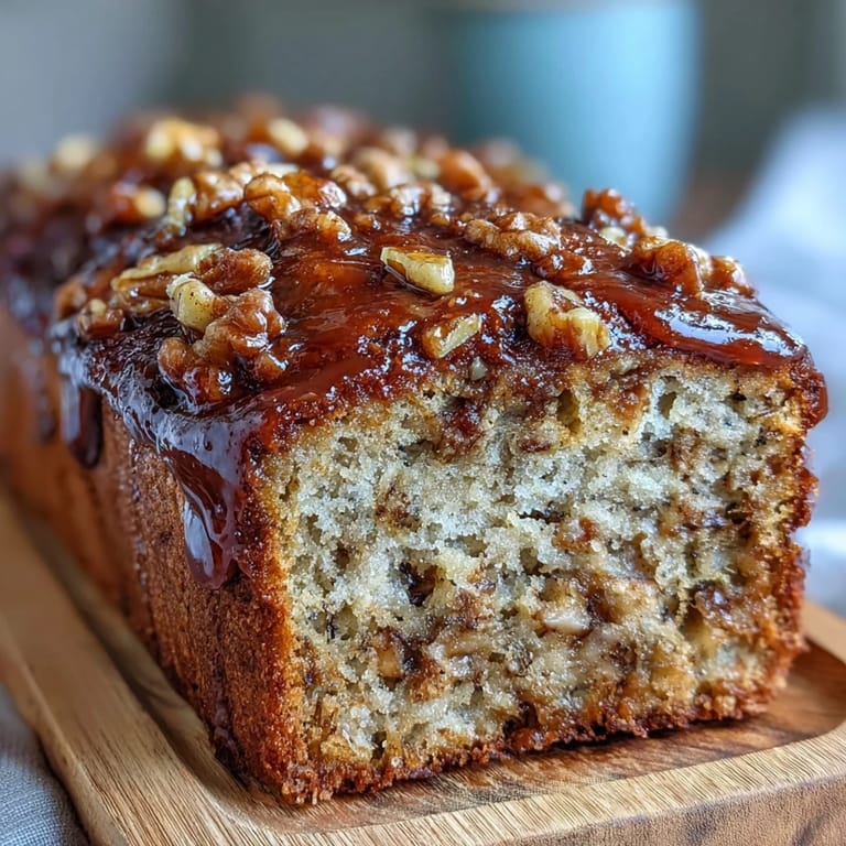 Golden-brown banana loaf topped with caramelized brown sugar crust, featuring tangy sourdough notes and rich walnut crunch.  