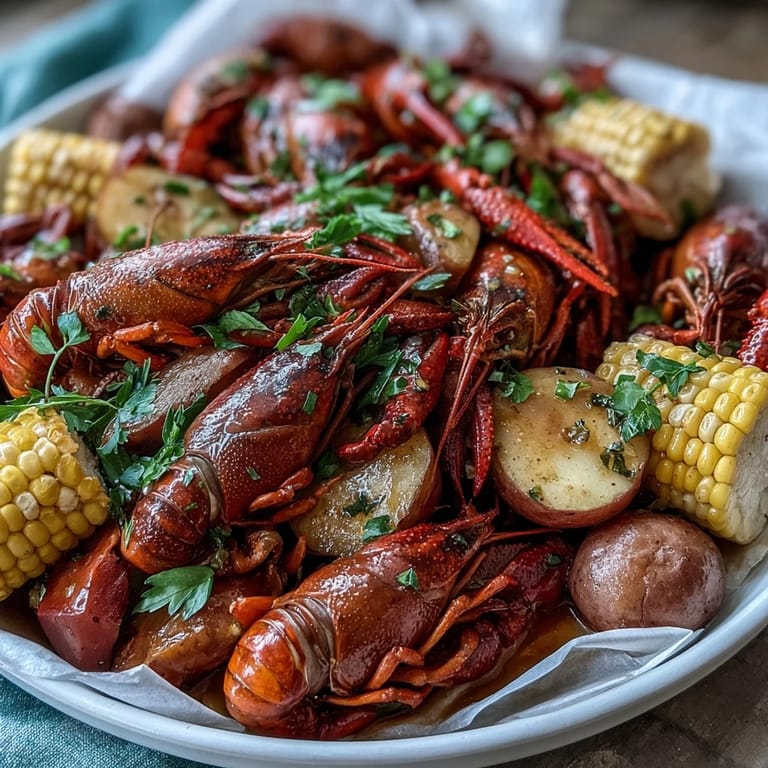 Spicy Louisiana crawfish boil featuring tender potatoes, sweet corn, and Andouille sausage, all drenched in melted butter and fresh parsley.