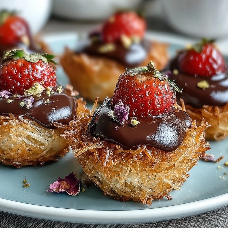 Crisp kataifi pastry nests filled with fresh strawberries and dark chocolate ganache, a Middle Eastern-inspired dessert.
