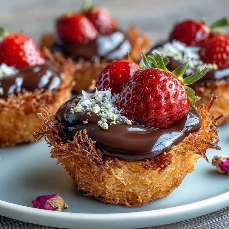 Golden kataifi cups layered with luscious strawberries, rich dark chocolate, and a sprinkle of chopped pistachios.