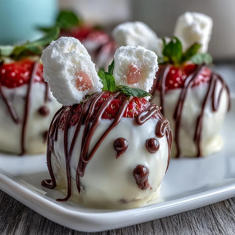 Festive strawberry treats coated in white chocolate, shaped like bunnies with pink marshmallow ears and chocolate drizzle details.