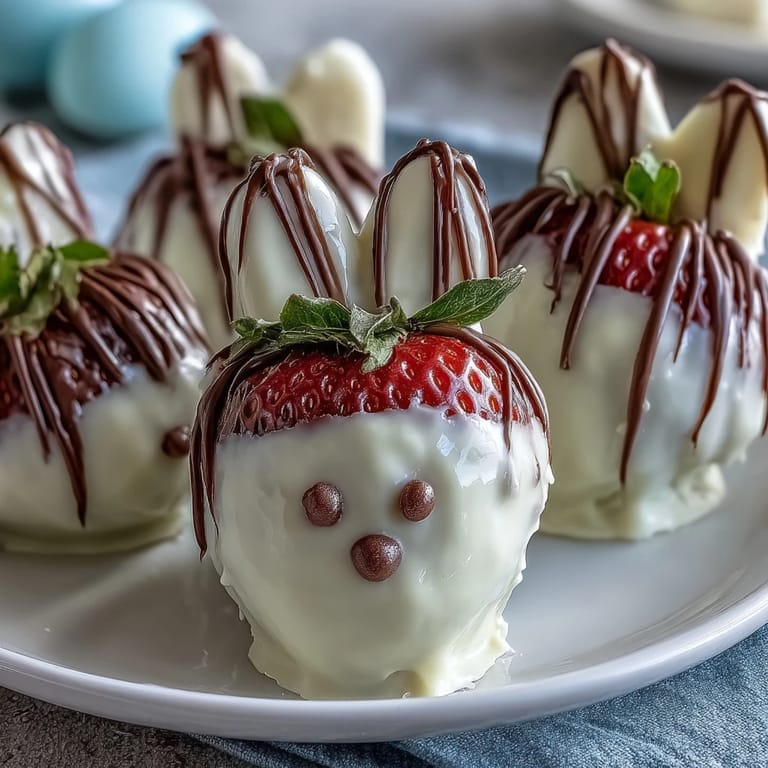 Cute Easter dessert featuring strawberries transformed into bunnies with white chocolate coating, pink accents, and playful candy decorations.
