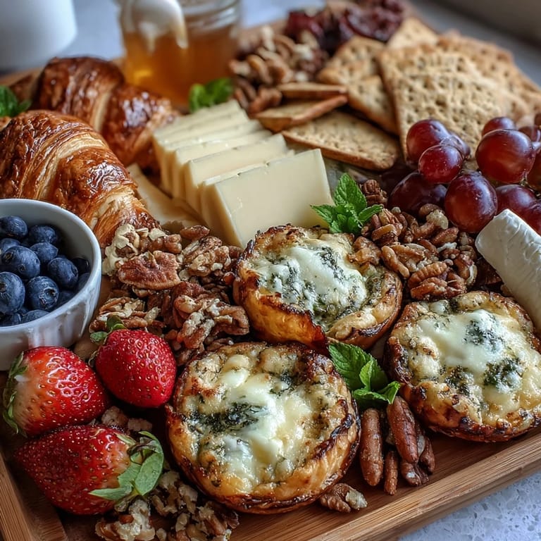 Beautiful Mothers Day brunch board with golden mini quiches, vibrant fruit, creamy cheeses, and sweet pastries.