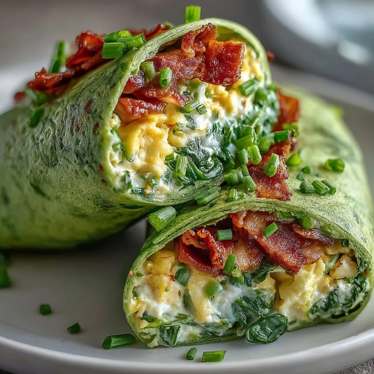 Vibrant green eggs and ham breakfast wraps with melted cheddar, fresh spinach, and chives in soft spinach tortillas.