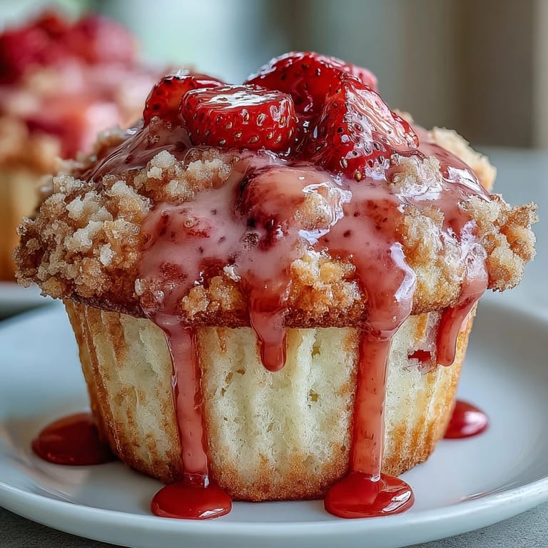 Fluffy strawberry muffins drizzled with tangy lemon glaze, perfect for a sweet breakfast treat.