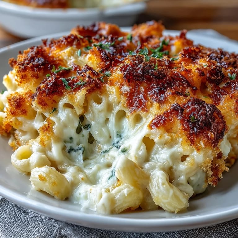 Rich and creamy oven-baked macaroni and cheese, featuring a blend of sharp cheddar, Colby Jack, and mozzarella, perfect for family dinners or potlucks.