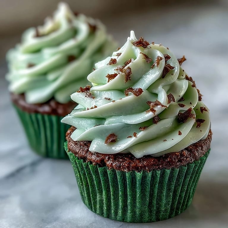 Moist green velvet cupcakes with cocoa undertones and silky cream cheese frosting, ideal for festive St. Patricks Day dessert tables.