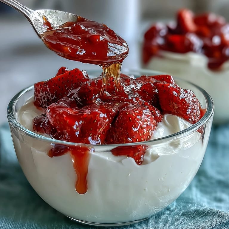 Vibrant strawberry compote spooned onto thick Greek yogurt, garnished with fresh mint leaves for a refreshing treat.