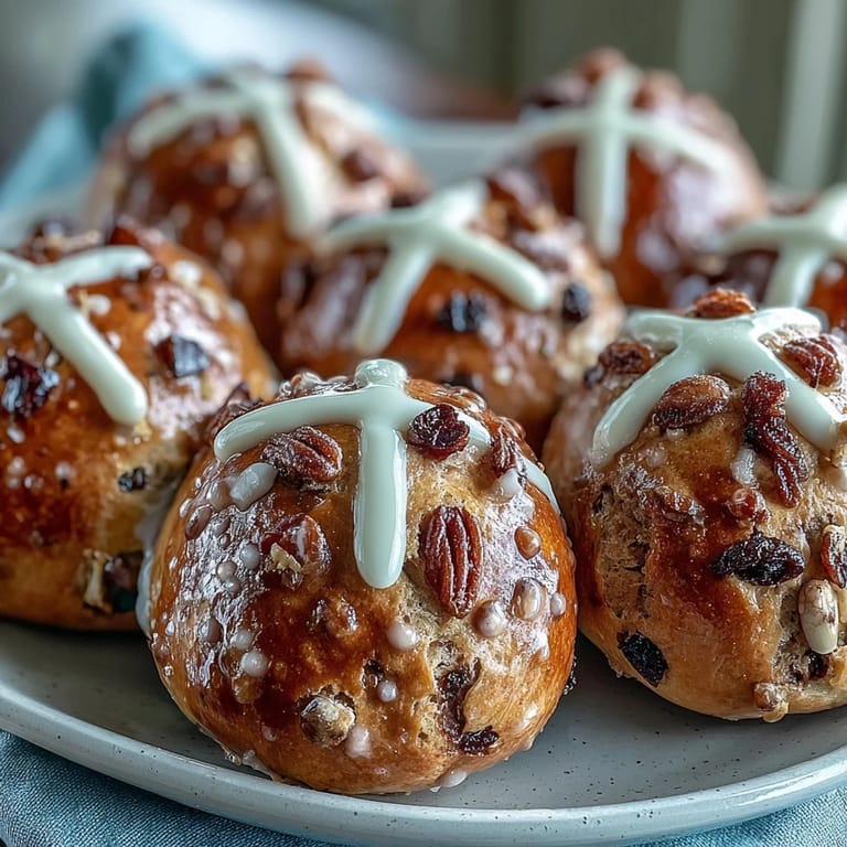 Warm hot cross buns with citrus glaze, fragrant with cinnamon and allspice, their cross piped in flour paste before baking.