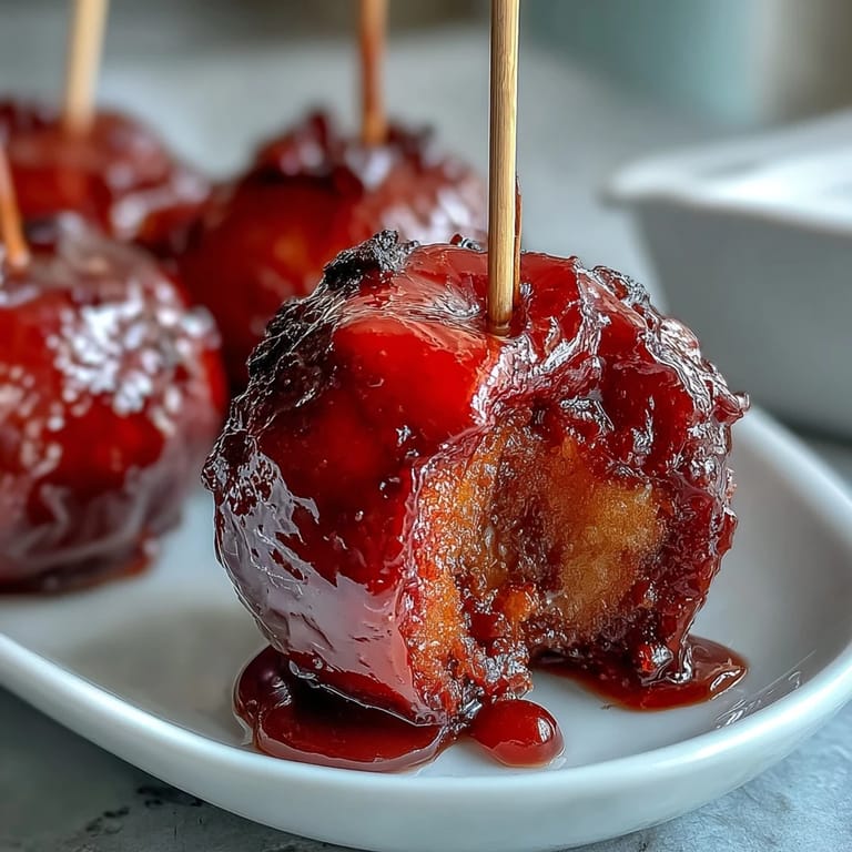 Adorable Mini Candy Apple Bites on Toothpick Skewers: crisp apple pieces covered in shiny red candy coating, great for holiday dessert trays.