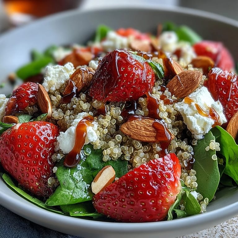 Fresh strawberries and crumbled feta top a bed of fluffy quinoa, tossed with spinach and drizzled with balsamic vinaigrette for a refreshing salad.