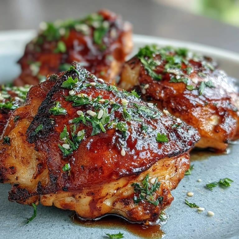 A close-up shot of the finished Honey Garlic Baked Chicken Thighs, showcasing the sticky, caramelized glaze and vibrant green parsley garnish.