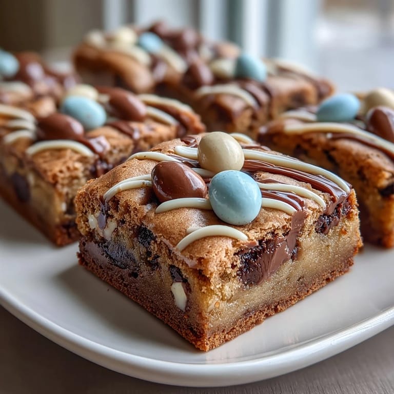 Golden-brown Cadbury Egg Blondies with a glossy white chocolate drizzle, studded with colorful candy pieces.