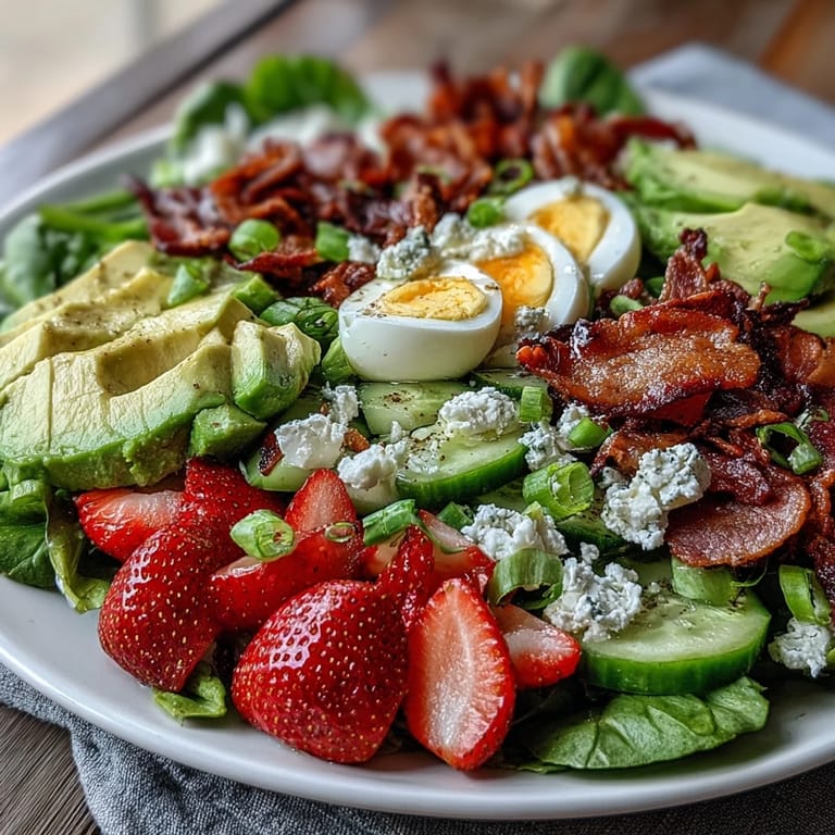 Colorful Spring Cobb Salad with Strawberries and Avocado, featuring crisp vegetables, hard-boiled eggs, and a drizzle of balsamic dressing.  