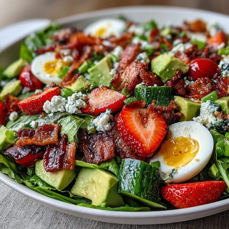 Fresh Spring Cobb Salad with Strawberries and Avocado, combining seasonal produce, savory bacon, and crumbled feta for a satisfying meal.