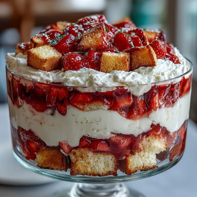 Elegant Mothers Day dessert featuring golden shortcake cubes, juicy strawberries, and fluffy whipped cream layers.  